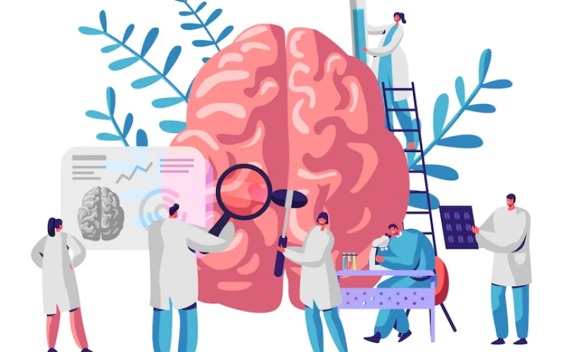 laboratory-scientist-group-study-human-brain-psychology-medical-research-microscope-head-tomography-chemical-experiment-diagnostics-development-hemisphere-flat-cartoon-vector-illustration_87771-6557